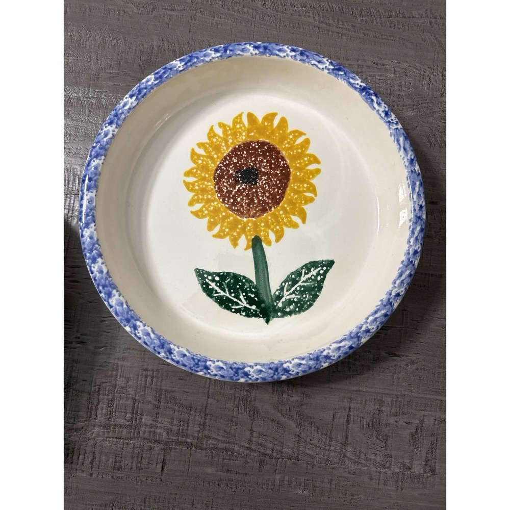 Crock‎ Shop Santa Ana CA Sunflower Pie Dish 10" Blue Spongeware Rim Stoneware